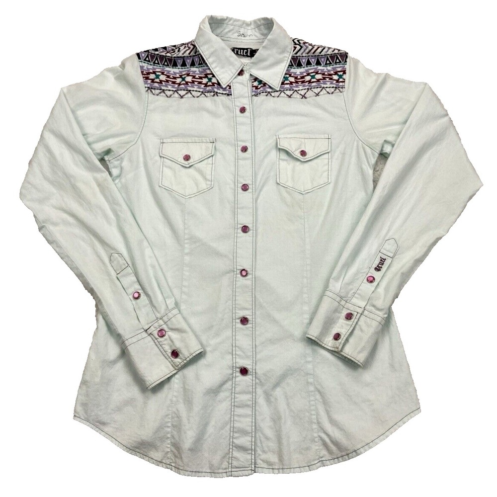 Cruel Western Shirt Womens SMALL Aztec Southwestern Embroidered Yoke Pearl Snaps